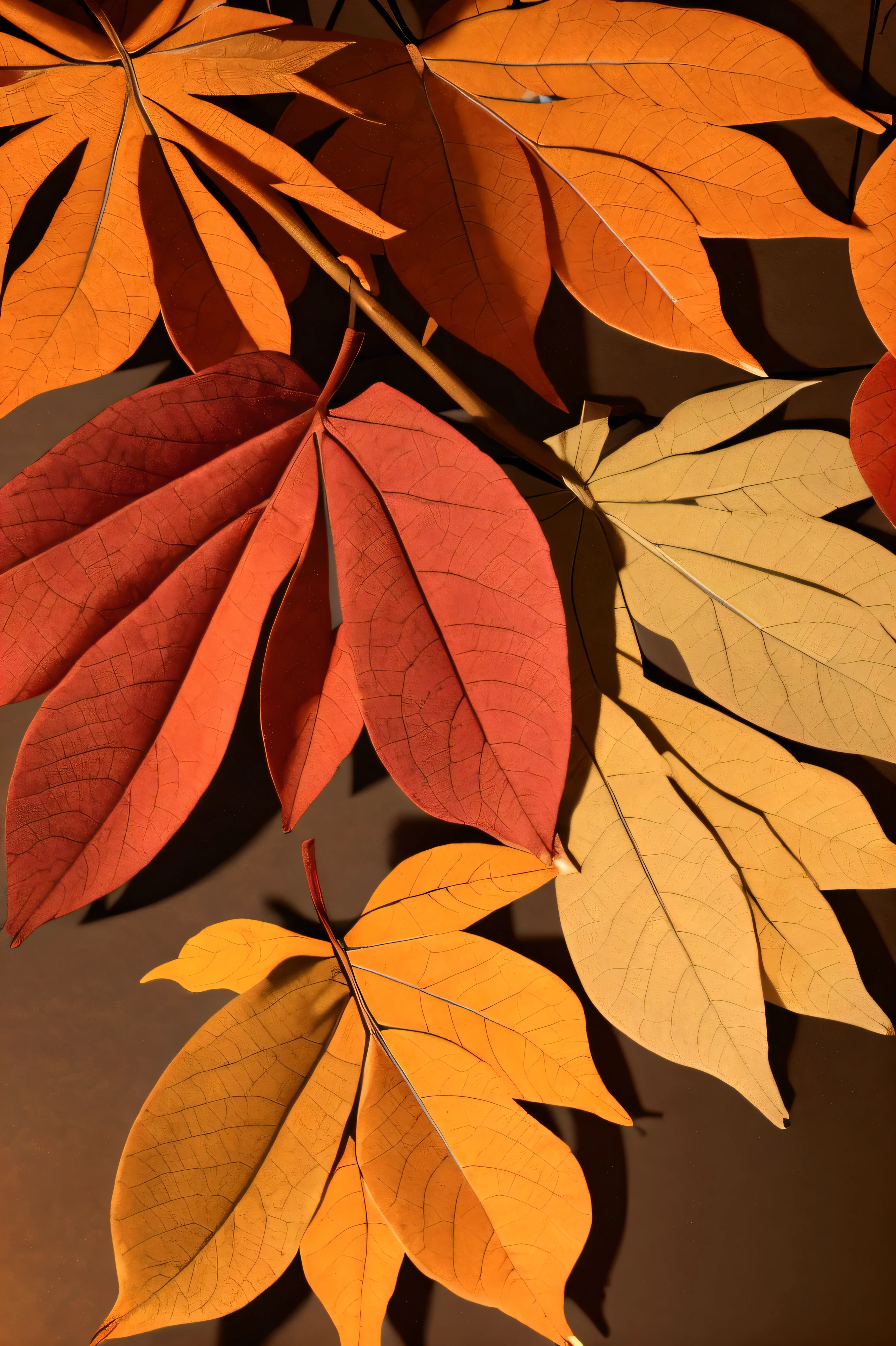 a beautiful autumn leaf, intricate leaf veins, detailed leaf texture, falling leaves, nature scenery, natural lighting, vibrant colors, warm color palette, studio lighting, detailed rendering, 8k, high resolution, photorealistic, masterpiece