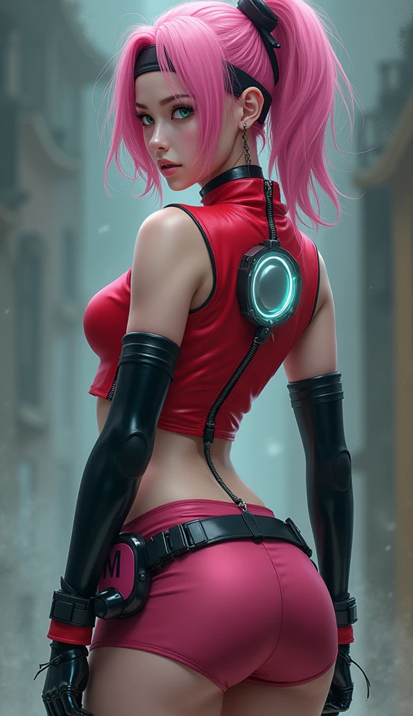 Ultra HD 8K digital painting, kunoichi, pink hair, emerald green eyes, red sleeveless top, high collar, zipper, white circular design on back, short pink skirt, black compression shorts, black gloves, black shinobi sandals, tied headband, short haircut, dark pink medical pouch on thigh, dynamic pose, dramatic lighting, tension, intense, ready for battle, highly detailed scene, cinematic.high quality, (RAW photo, best quality), (realistic, photorealistic: 1.4), (extremely delicate and beautiful: 1.4), amazing, fine details, masterpiece, ultra detailed, high resolution, best illustration, best shadow, intricate, ( extremely intricate: 1.2), (exquisitely detailed skin), cinematic light, perfect anatomy, (cool color: 1.4), sharp focus, 8k UHD, DSLR, (Fujifilm XT3),(iluminación cinematográfica :1.4), Mechanical vertebrae attached to the back, mechanical cervical attachment to the neck, alambres y cables que se conectan a la cabeza, Evangelion, small bright LED lamps