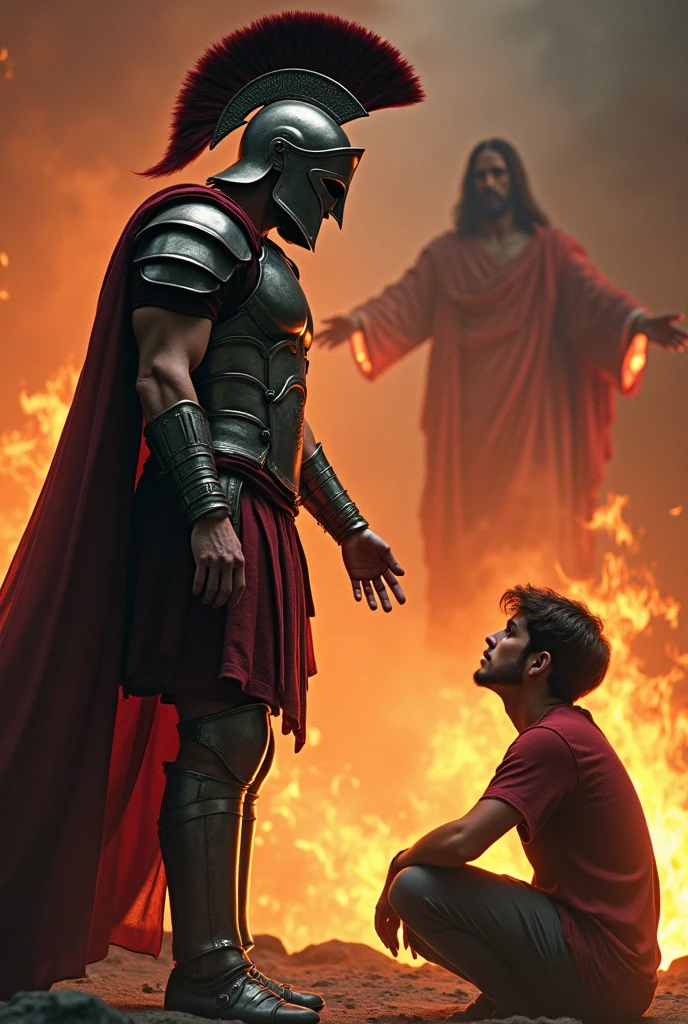 Spawns a Faram armor reaching out to a depressed and sad teenager while looking at him with determination and the background is on fire and Jesus Christ is behind the Spartan 
