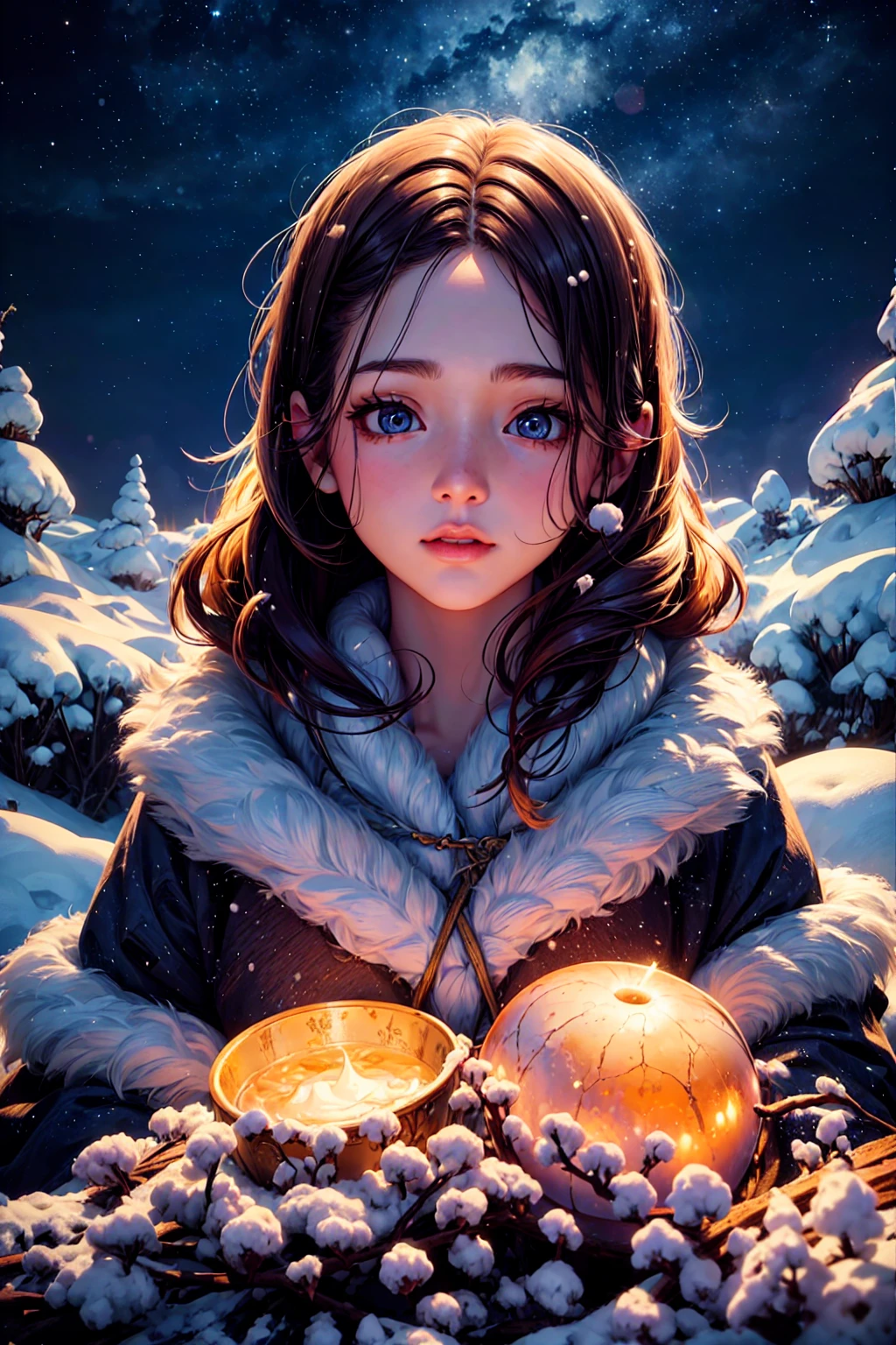 a beautiful young girl, drinking hot cocoa, Sapporo Snow Festival, stunning natural landscape, highly detailed anime style, concept art, wide shot, intricate details, soft lighting, cozy atmosphere, winter wonderland, delicate facial features, long eyelashes, rosy cheeks, beautiful detailed eyes, beautiful detailed lips, extremely detailed face, flowing hair, elegant dress, warm colors, glowing snow, magical scenery, photorealistic, 8k, best quality, masterpiece