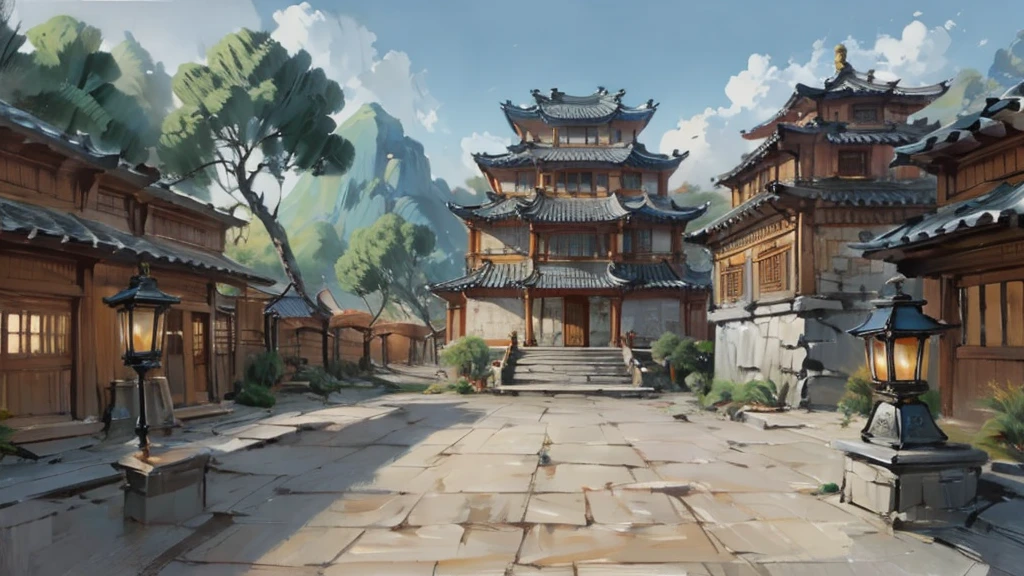 中国Ink画,  masterpiece , best quality, Ink画，Guo Chao，Ink，（Xianxia scene，Fantasy fairyland scene，Pavilions，architecture具有东南亚特色，cloud雾缭绕：1.5），outdoor，Sky，daytime，cloud，Tree，Blue sky，nobody，window，plant，architecture，landscape，lantern，stairs，Potted plants，architecture，东亚architecture，landscape