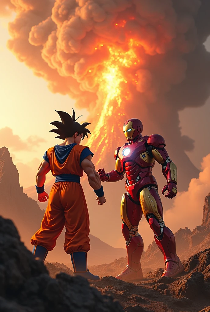 goku vs ironman en un volcan