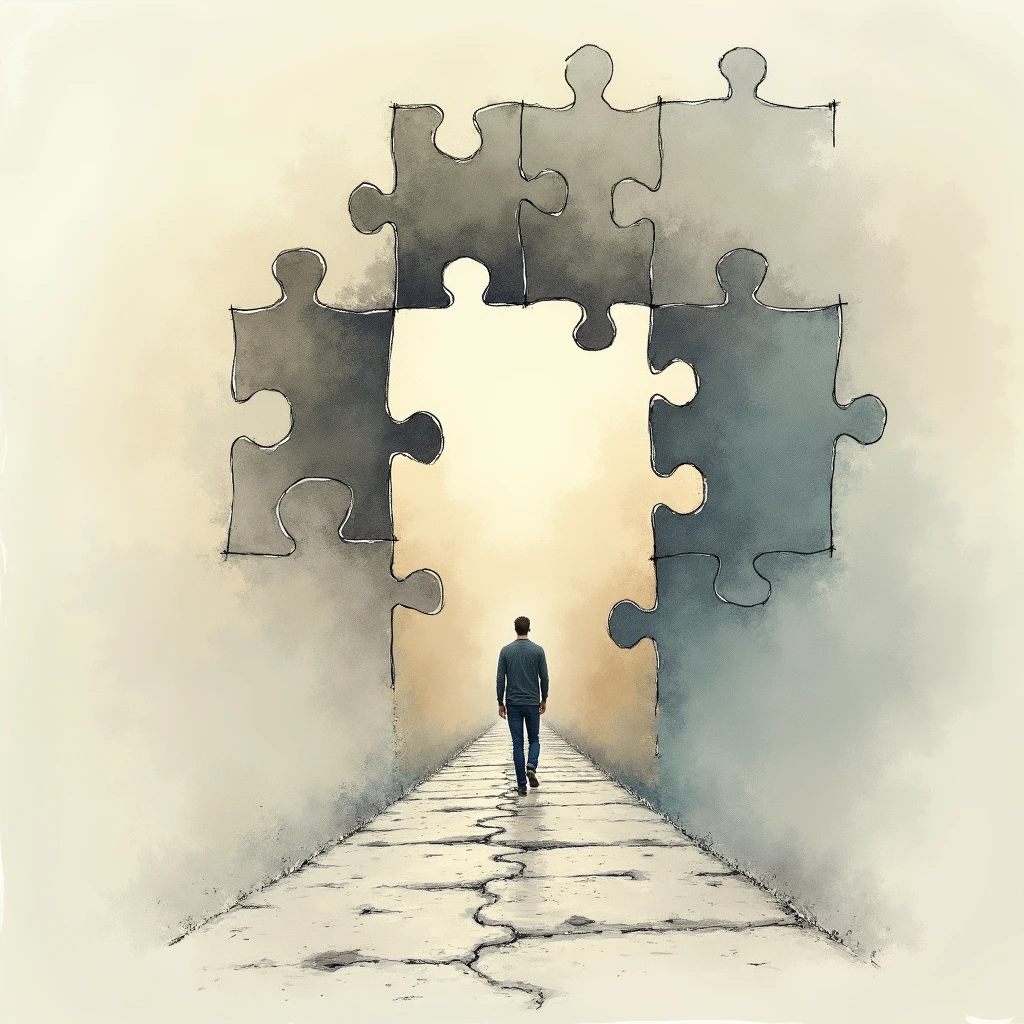 As more pieces fit into place, the puzzle transforms into a beautiful picture, representing the transformation of one's life, Illustration Drawing Stoicism