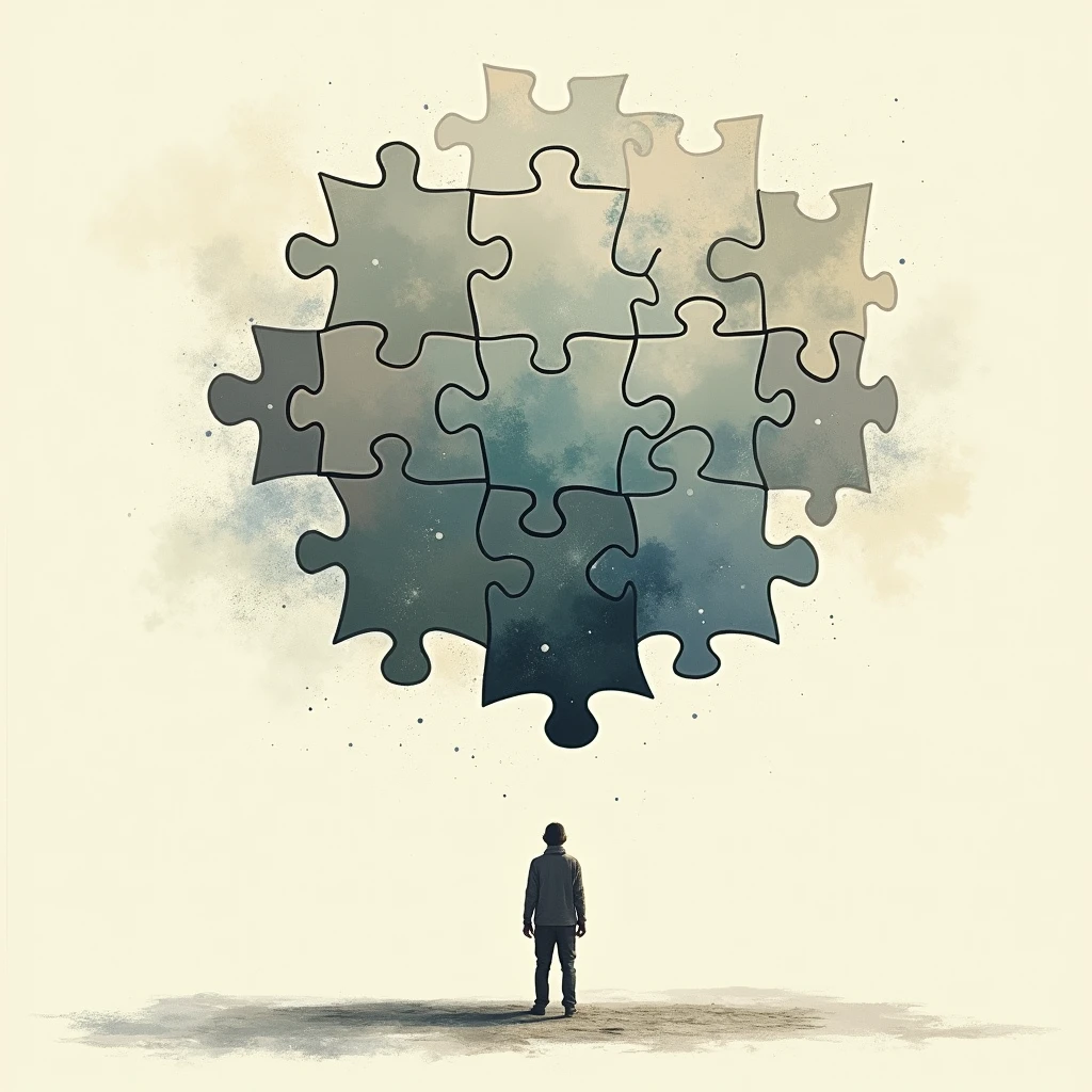 As more pieces fit into place, the puzzle transforms into a beautiful picture, representing the transformation of one's life, Illustration Drawing Stoicism