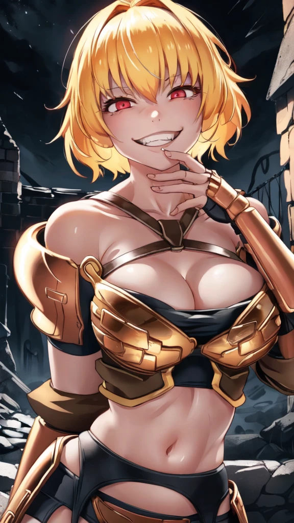 1girl, clementine \(overlord\), armor, garter belt, gauntlets, blonde hair, short hair, red eyes, glowing eyes, smile, psycho smile, mouth open, psycho face, empty eyes, crazy eyes, crazy smile, yandere, upper body, close up, (nighttime, night, dim lighting, dark atmosphere), good hand, good finger, masterpiece, extremely detailed CG unity 8k wallpaper, best quality, 32k, focus sharp large 