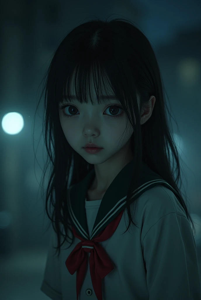 20 years Korean school girl,in night time,in uniform, horror atmosphere, illustration image