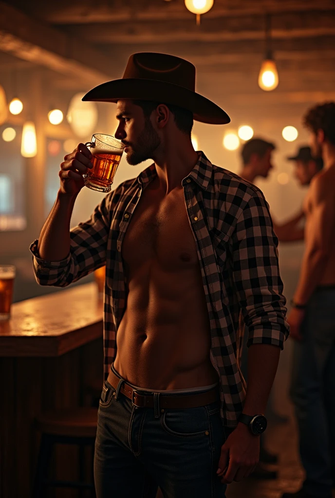 A beautiful sexy young man serving himself a beer in a cowboy bar with a nice gay ass shows another 2 men approach him and touch his ass