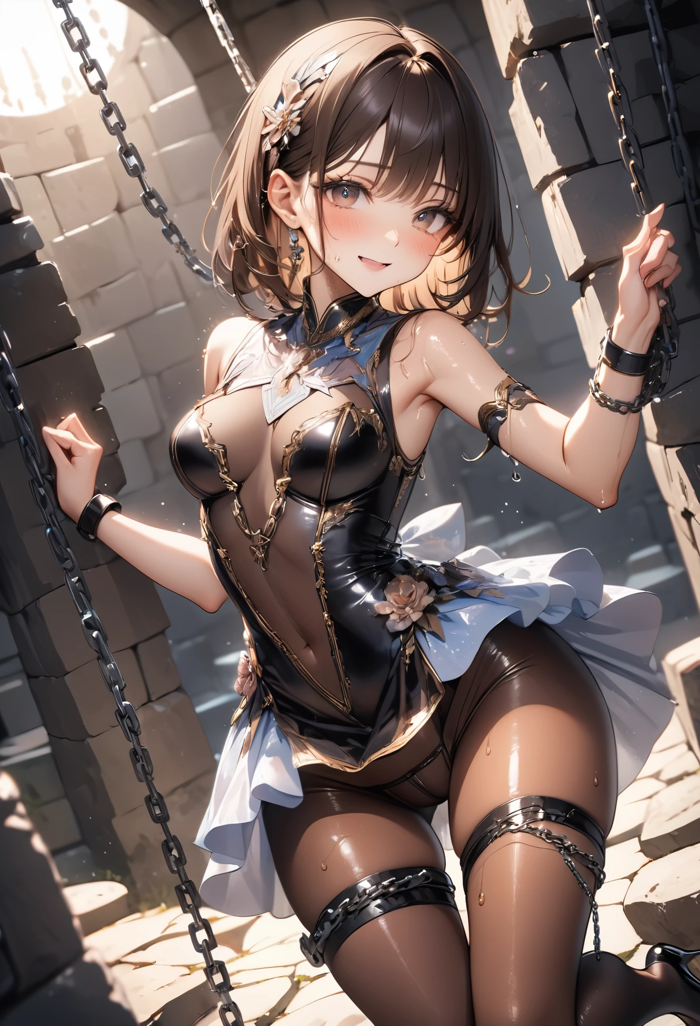 (Evil smile), (((Sexy dress wrapped in chains, Gorgeous embroidery, Leather panties, skirt, Pantyhose, Stiletto heels, Chains on clothes))), ((Shiny Costumes)), ((skindentation)), skinny, solo, 1 woman, Masterpiece, highest quality, highest quality, 16K, incredibly absurd, highly detailed, 2.5D, ai-generated, delicate and dynamic, very delicate facial expressions, delicate eye depiction, erotic, only sexy woman, ((A cute and kind face)), healthy figure, ((25-year-old woman)), 160cm tall, medium firm swaying bust, Dark Hair, blush, Sweat,Embarrassed,sexy, ((thin thighs)), shiny and lustrous, facing straight at viewer, (((in heat))), ((Oily_skin)), ((Lots of sweat)), (((Brown Skin))), ((dutch angle)), ((erotic pose)), (((Dynamic Pose))), (((Transparent and sparkling costume))), (sit), ((Inside the stone chamber with chains hanging down)),