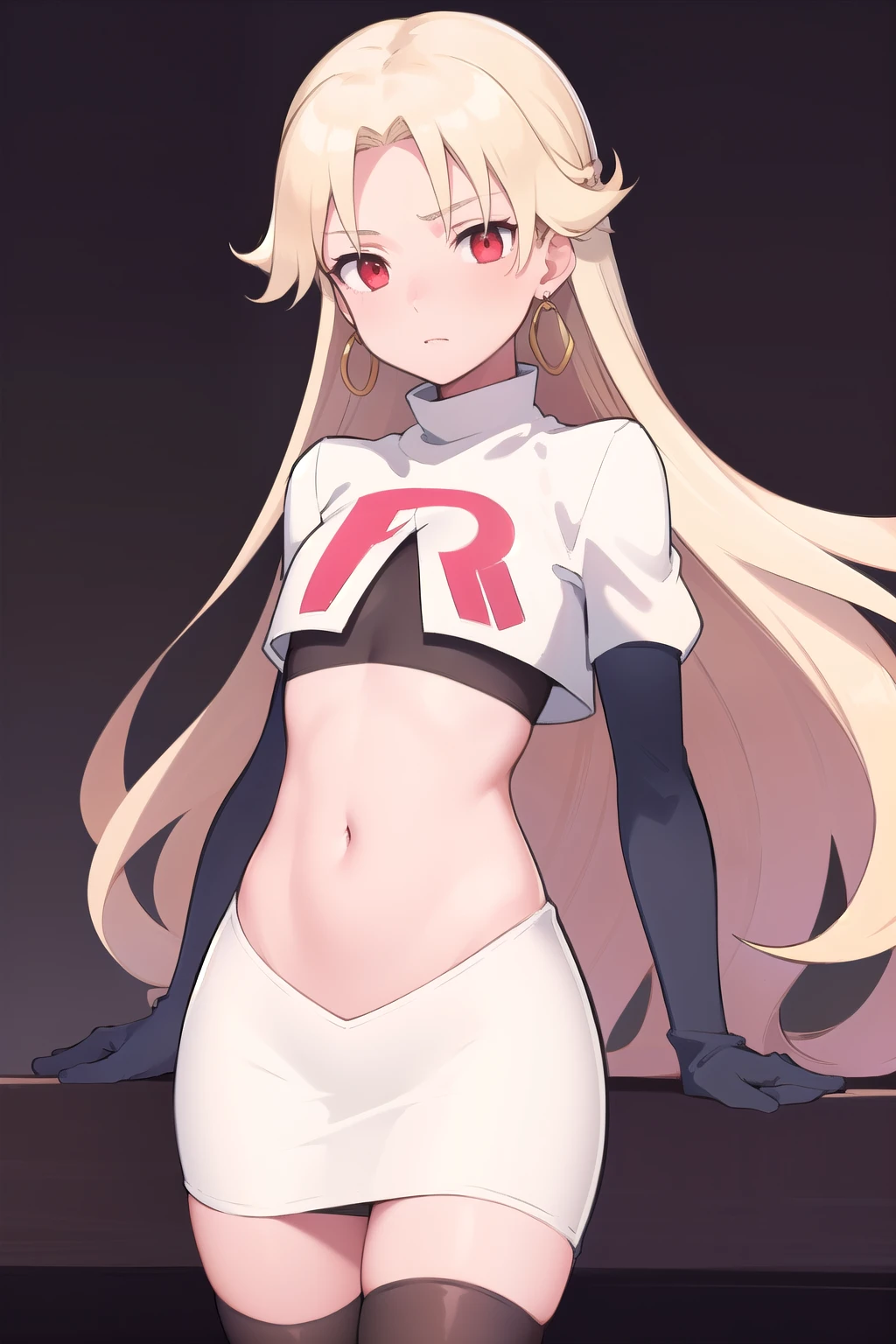 best quality, (masterpiece:1.2), illustration, absurdres,
(1girl, solo), (beautiful detailed girl), (cowboy shot),,
Roselia Millstein, blond hair, very long hair, red eyes, flat chest,
earrings, team rocket,team rocket uniform,white skirt,red letter R,crop top,black thigh-highs,black elbow gloves,
