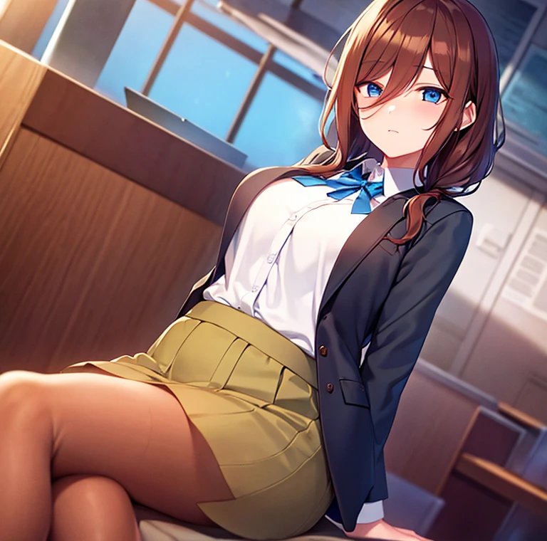 mikunakano, miku nakano, long hair, bangs, blue eyes, brown hair, shirt, hair between eyes, headphones, cardigan, headphones around neck, BREAK skirt, shirt, long sleeves, white shirt, pantyhose, pleated skirt, black pantyhose, cardigan, green skirt, blue cardigan, BREAK indoors, classroom, BREAK looking at viewer, BREAK (masterpiece:1.2), best quality, high resolution, unity 8k wallpaper, (illustration:0.8), (beautiful detailed eyes:1.6), extremely detailed face, perfect lighting, extremely detailed CG, (perfect hands, perfect anatomy),