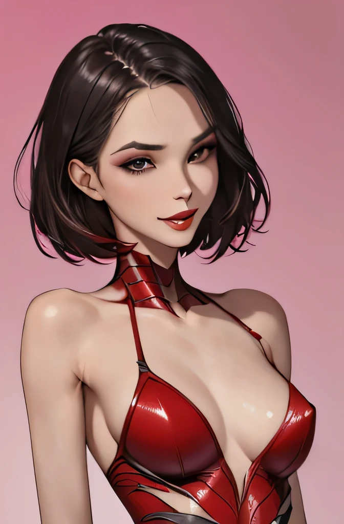 1 girl,a beautiful fashion model ,(masterpiece, detailed background, best quality),short and shiny hair, black hair,smirk, juicy lips, red lips, lingerie, stripping, elegant makeup, exhibitionism, torn spiderman outfit, extravagant makeup, slender body