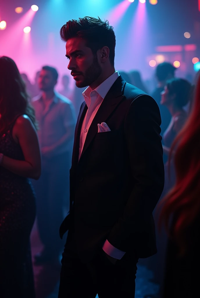 (Far distance camera angle),Very handsome man(elegant,fullbody) is walking at the crowded clubs watching some one(hits by laser lightings), perfect lightings, smokey rooms, so many man and girls dancing and loughting, depth of field, first-person view, f/1.8, 135mm, Nikon, UHD, retina, masterpiece, ccurate, anatomically correct, textured skin, super detail, high details, high quality, best quality, highres, 1080P, HD, 4K, 8k