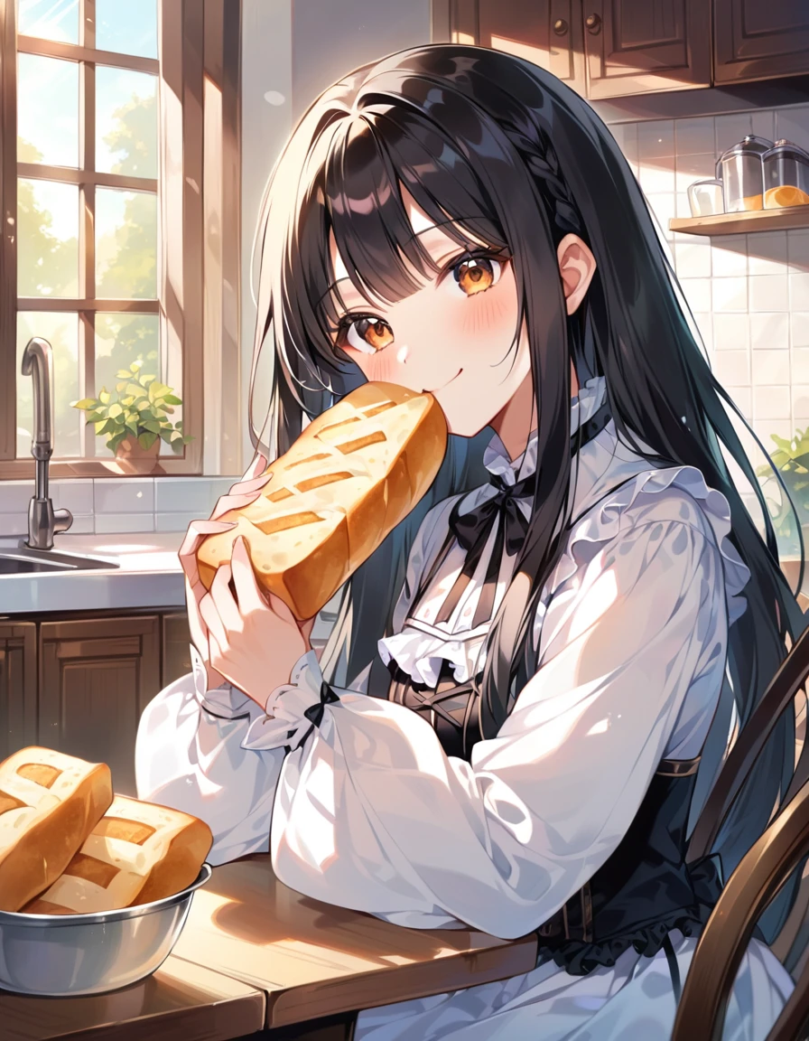 Woman, cute, lovely, from chest to head, smiling, straight hair, long hair, black hair, sunny, looking at the camera, daytime, sunlight, Lolita fashion, kitchen, table and chair, sitting on a chair, eating bread.