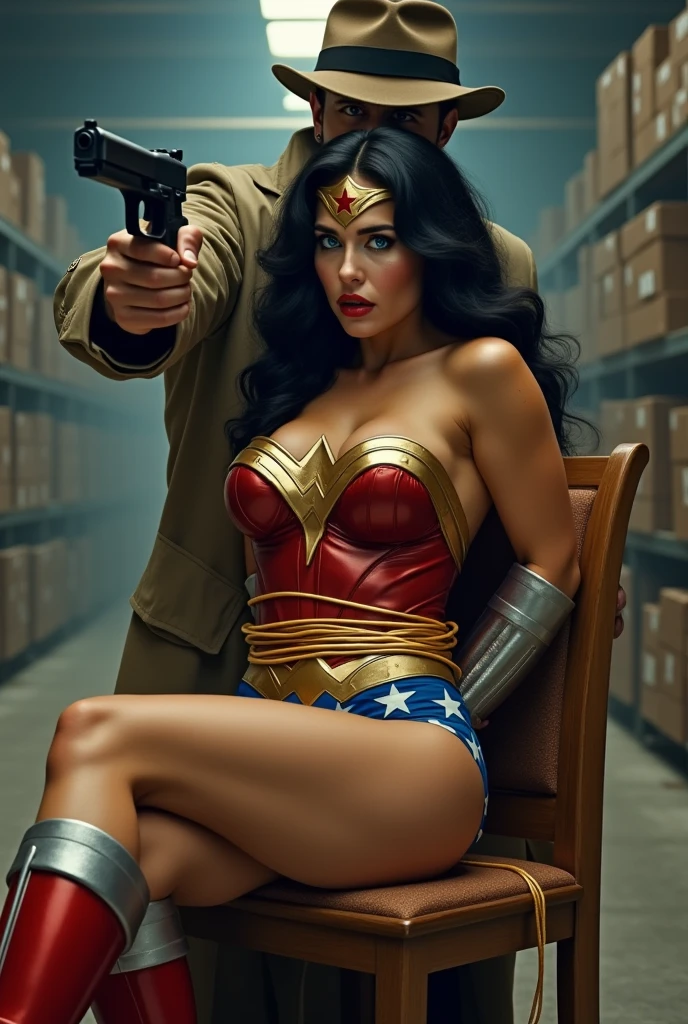 Wonder Woman is sitting on a wooden chair with her arms (((behind her back:1.5))) and her body is bind with glowing gold rope. A man in a fedora and trench coat stands with a pistol held against her head. Wonder Woman, (Intricate Details, Makeup), (Delicate and Beautiful Delicate Face, Delicate and Beautiful Delicate Eyes, Face with Perfect Proportions), (Realistically shiny Skin:0.8), Delicate Skin, Strong and Realistic Blue Eyes, Realistic Black Hair, Lips, Makeup, Natural Skin Texture, tiara, red and gold bustier, blue leotard with white stars, ((silver gauntlet:1.2)), ((Red knee high boots:1.2)) golden belt, (Wonder Woman clothing:1.1), bare shoulders, mature, sexy, elastic muscles, (muscles:1.2), ((strong and healthy body)), long legs, curves, (big breasts:1.3), thin waist, soft waist, (delicate skin), (beautiful and sexy woman), (swollen lips:0.9),(swollen lips:0.9), (eyelashes:1.2), (long wavy black hair:1.1), feminine, detailed body, (detailed face:1.1), perfect body, perfect anatomy, perfect details, perfect fingers, Perfect limbs, thigh gap, mature, sexy, thick thighs, wide buttocks. sweating, sweating_profusely. She is fear and in shock with open mouth. Mature. Wondar Woman movie poster with Logo. The location is empty warehouse. Sexy Pose. Very sexy. 