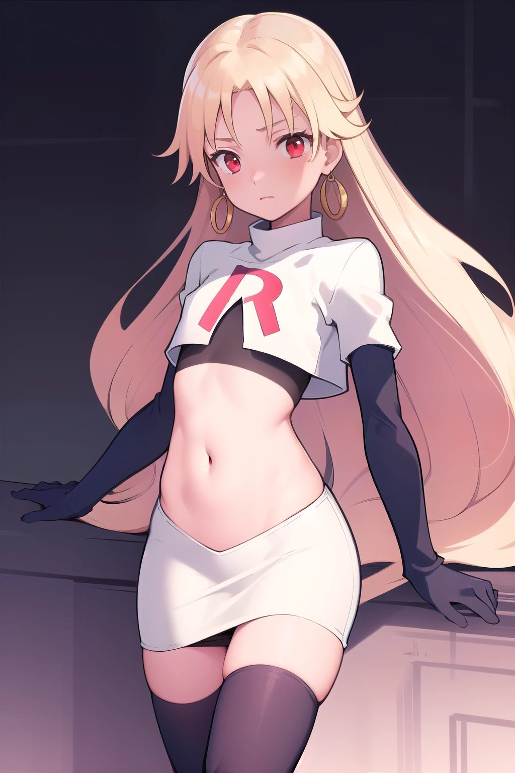 best quality, (masterpiece:1.2), illustration, absurdres,
(1girl, solo), (beautiful detailed girl), (cowboy shot),,
Roselia Millstein, blond hair, very long hair, red eyes, flat chest,
earrings, team rocket,team rocket uniform,white skirt,red letter R,crop top,black thigh-highs,black elbow gloves,