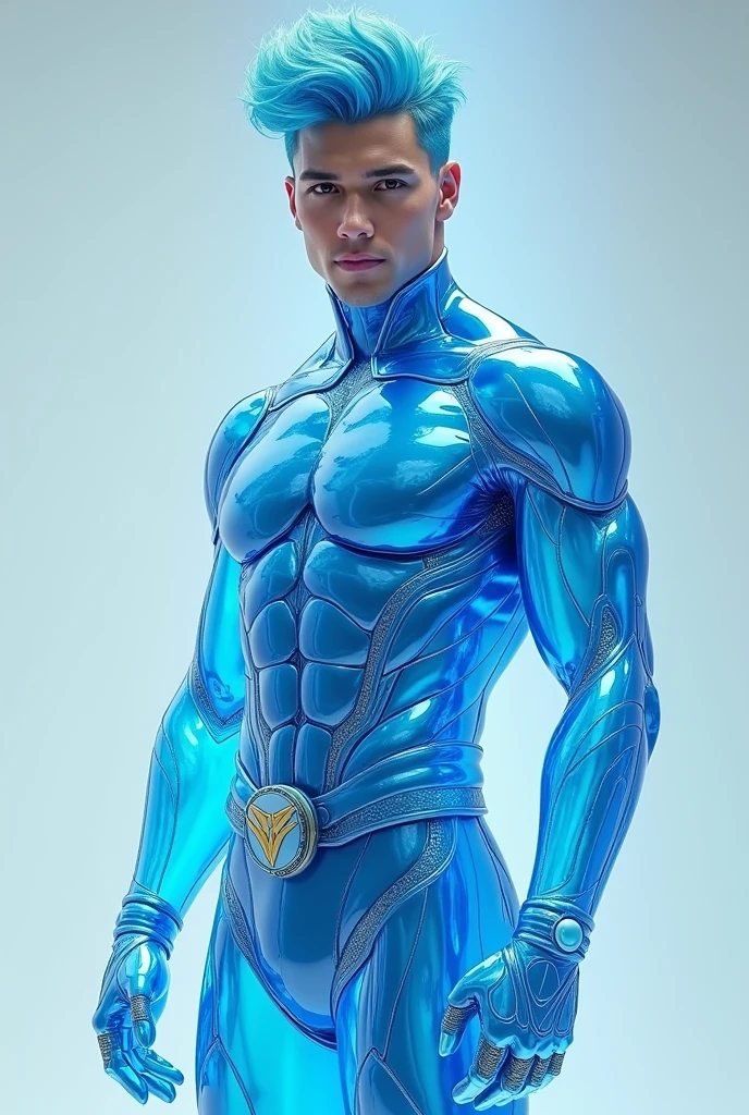 full full body photorealistic handsome hunky fractal masculine Teen titans cryomancer.. wearing very light powder blue quartz transparent crystal chrome glass super suit , with belt and gloves..look at camera, detailed face parts,, studio as background, Freestyle Pose, Happy Expression, perfect anatomy, symmetric body,, 20 years old, :: high detail, a lean athletic body, realistic, human skin, extremely detailed fingers,