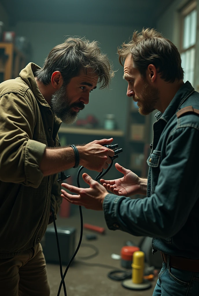 an Irish guy cutting battery cables as another concerned man tries to stop him