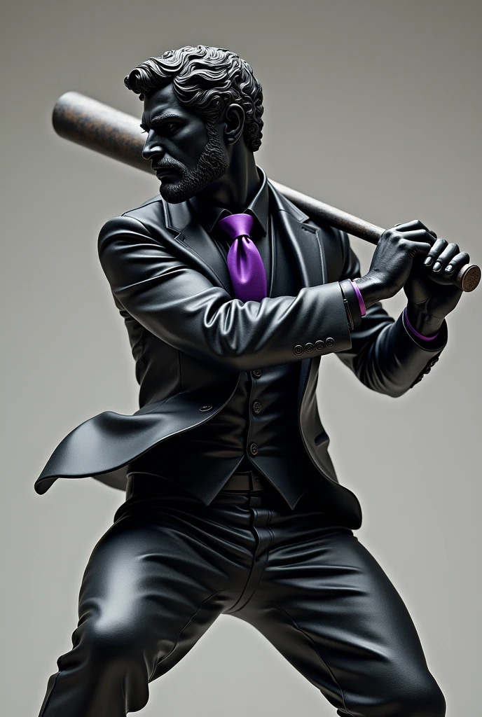 GREEK STATUE WITH A BLACK SUIT WITH PURPLE DETAILS HOLDING A BASEBALL BAT AND HITTING IT WITH THIS BAT BREAKING SOMETHING