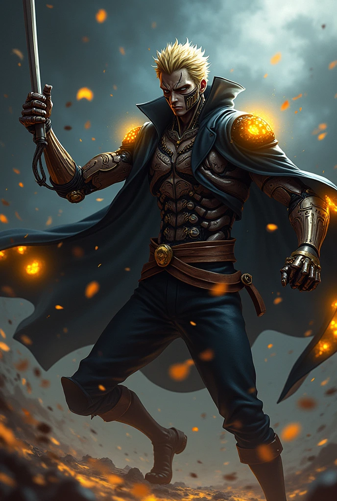 Sanji in one piece movie, half robot appearance, has a black cloak with golden glowing sides. Digital Arts. smoking Fight against zoro one piece