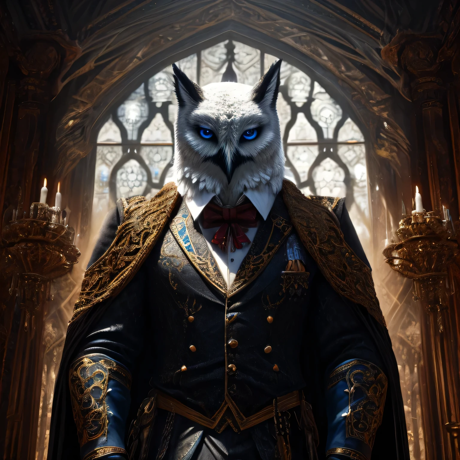a muscular, elegant anthro snow owl man, beautiful male, serious expression, bright blue eyes, wearing a butler outfit, surrounded by a blue aura, in a mysterious mansion, (best quality,4k,8k,highres,masterpiece:1.2),ultra-detailed,(realistic,photorealistic,photo-realistic:1.37),cinematic lighting,cinematic composition,ambient occlusion,volumetric lighting,dramatic shadows,highly detailed,intricate details,hyperrealistic,photorealistic,elegant,ornate,luxurious interior,chiaroscuro,dramatic lighting,moody atmosphere,dark fantasy,gothic,dramatic poses
