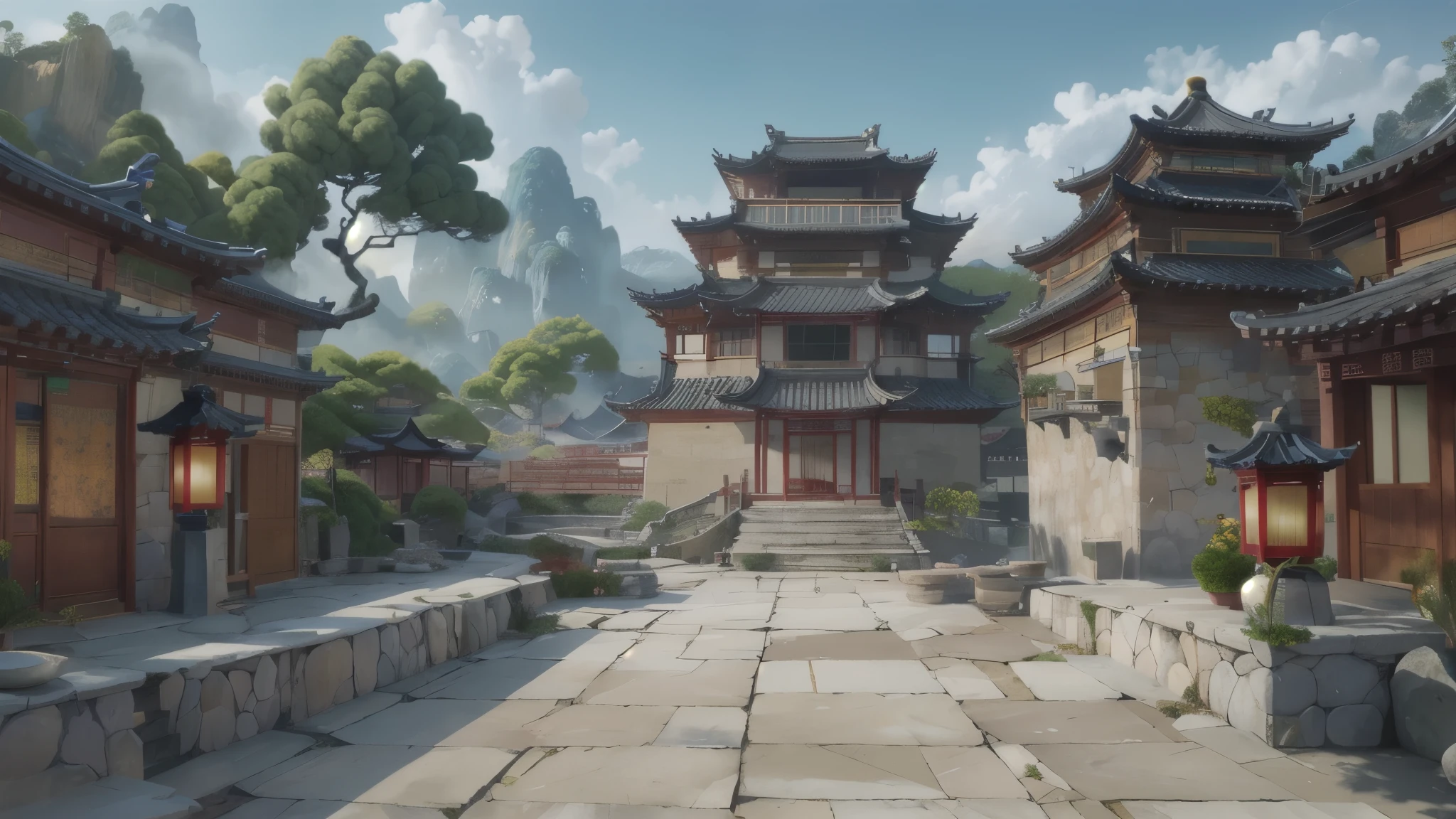 中国Ink画,  masterpiece , best quality, Ink画，Guo Chao，Ink，cloud雾围绕着architecture，Ink画（Xianxia scene，Fantasy fairyland scene，Pavilions，architecture具有东南亚特色，cloud雾缭绕：1.5），outdoor，Sky，daytime，cloud，Tree，Blue sky，nobody，window，plant，architecture，landscape，lantern，stairs，Potted plants，architecture，东亚architecture，landscape