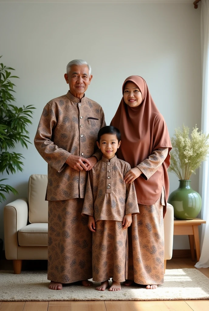 Family photo in Indonesia, with three family members. consisting of aged fathers 70 years old with a height of 170 cm and a 68 year old mother with a height of 150 cm, a 22 year old age boy with a height of 174 cm. They wore traditional Javanese-style Muslim clothing, floral-patterned sarongs for the men, and long sharia-style hijabs in matching reddish brown colors for the women. It's a photo of the studio, bright living room, white lighting, Islamic decor, green flower vases. Super detailed, realistic, ultra HD, 8K.