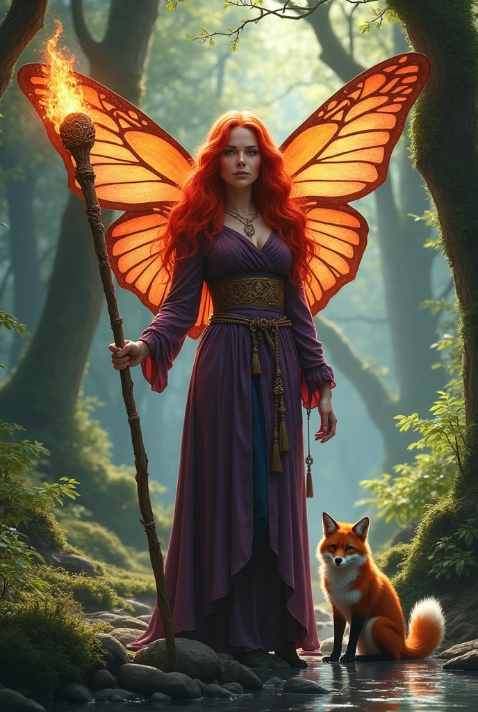 40-year-old redheaded woman with very voluminous hair.  She wears a loose-fitting Celtic dress with simple purple sleeves and small gold details.. She holds a staff with a flame at the end., and has red flaming moth wings . There is a little fox next to him. They are both standing at a stream in the middle of the forest. 