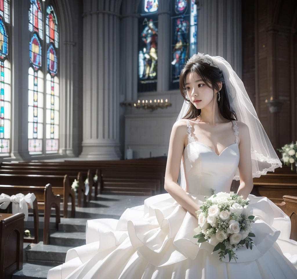 1 Girl, masterpiece, high resolution, Sonic edges_Lias_Grey Mory, ((wedding dress, church, wedding面纱, wedding, bouquet))
