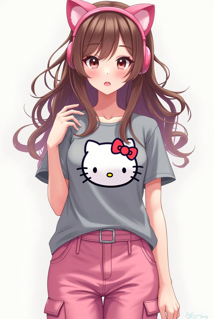 female anime character brown hair pink cat headphones grey hello kitty shirt and pink cargo pants full body