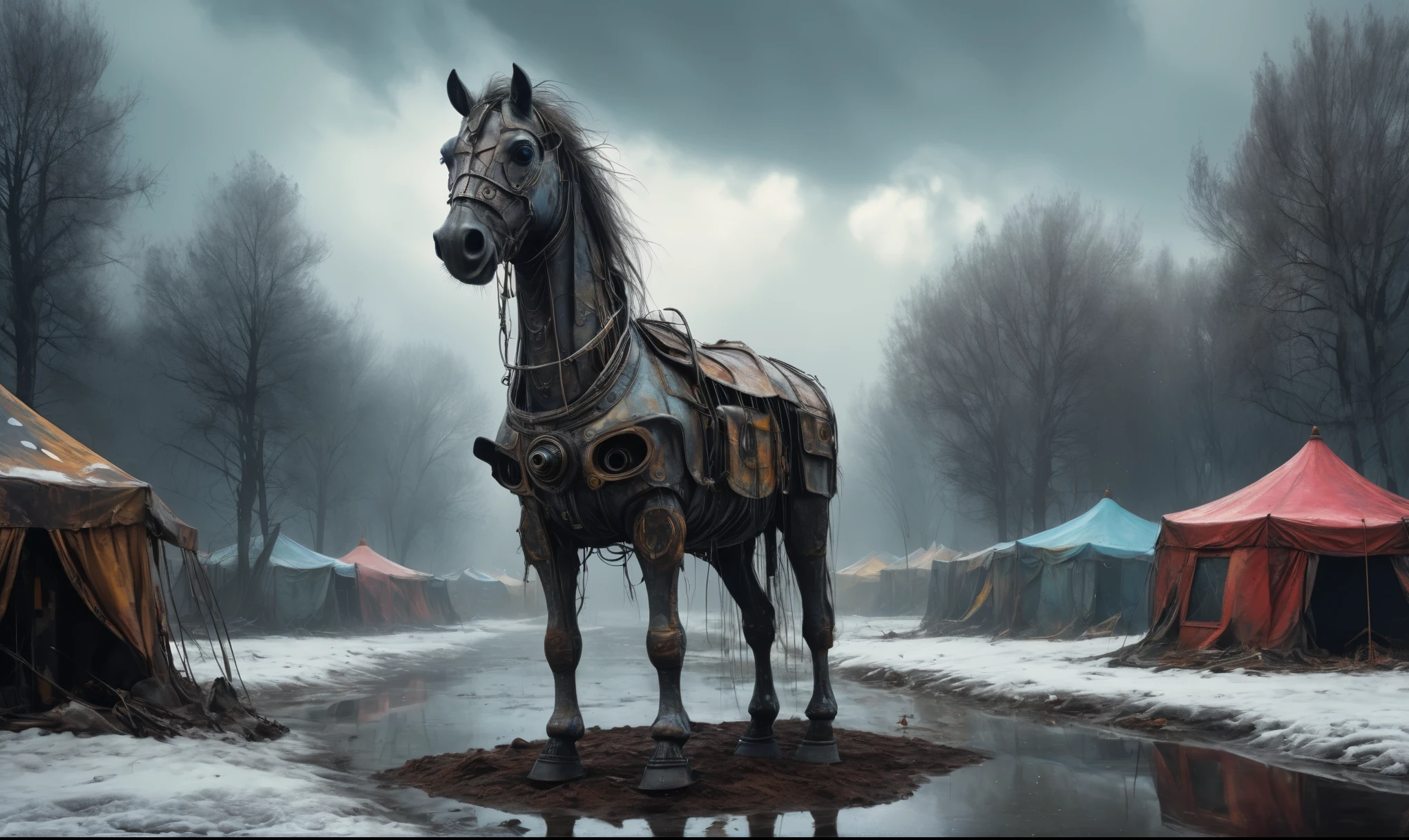 insane pilot from USSR , camouflage Rusty, after a psychiatric clinic,winter,intricate landscape,slate grey atmosphere,film grain,faded,eyes extremely detailed,another world,view from height,once pretty face,eyebrow up,full body shot,ominous landscape, Simon Stalenhag,Nicola Samori,full body shot,beggar paladium The Alien Entity,Technicolor,natural skin textures, hyper realism, hyper detailed,Extremely detailed,High contrast,Masterpiece,Realistic,Ultra Detailed, intricate details,realistic humid leather,extremly intricate,Epic Realistic, cinematic style,irina yermolova,high contrast,hdr,extremely detailed, deep night landscape,masterpiece,intricate details,faded,eyes extremely detailed, high detailed eyes,8k resolution,RAW,retina, Nikon Z9,China,tkt style, transition between two art styles, Ink painting to photorealism, Double contact, X-ray, Creative, vivid light, masterpiece, fantasy, Abstract Surrealism, super detailed, high resolution, stop:35;Her skin is pale, almost translucent,ancient rock,a hot air soars through the layers of clouds, revealing a colossal and enigmatic cityscape nestled within. The buildings in this ethereal city are adorned with intricate details and exude an aura of mystery. Above the cityscape, lend an enchanting touch to the scene. steampunk. The intricate mechanics create a sense of wonder and fascination, as if stepping into a dreamlike realism,Marta Bevacqua, ais-sinisterz, a derelict circus in the middle of a swamp, remnants of colorful tents, a silent carousel with spectral horses, all under a sky heavy with storm clouds