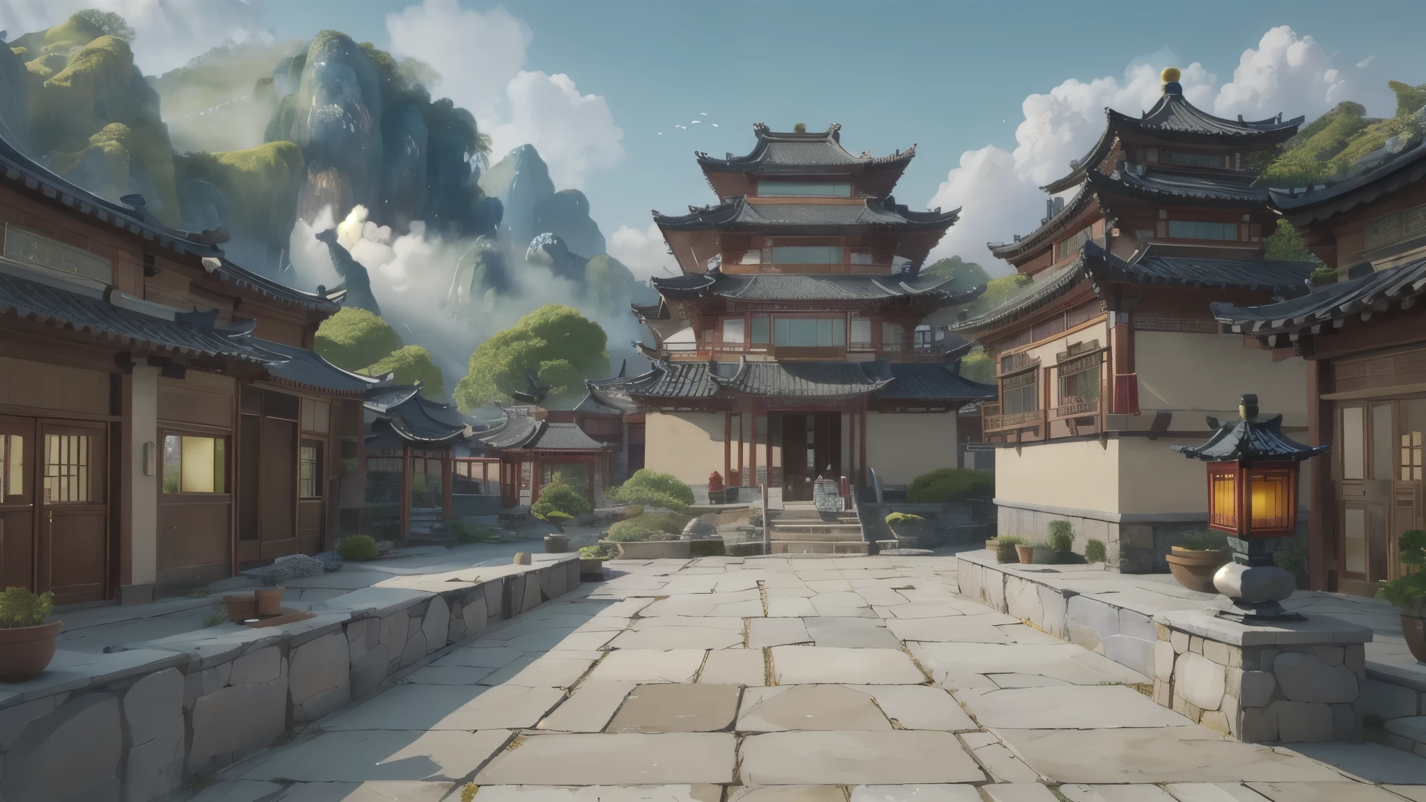 中国Ink画,  masterpiece , best quality, Ink画，Guo Chao，Ink，cloud雾围绕着architecture，Ink画（Xianxia scene，Fantasy fairyland scene，Pavilions，architecture具有东南亚特色，cloud雾缭绕：1.5），outdoor，Sky，daytime，cloud，Tree，Blue sky，nobody，window，plant，architecture，landscape，lantern，stairs，Potted plants，architecture，东亚architecture，landscape