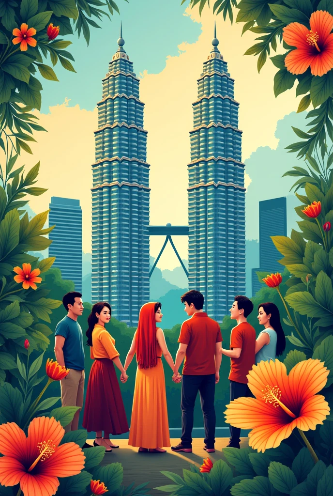 Poster promoting Malaysia with KLCC , different races , hibiscus Malaysia flag