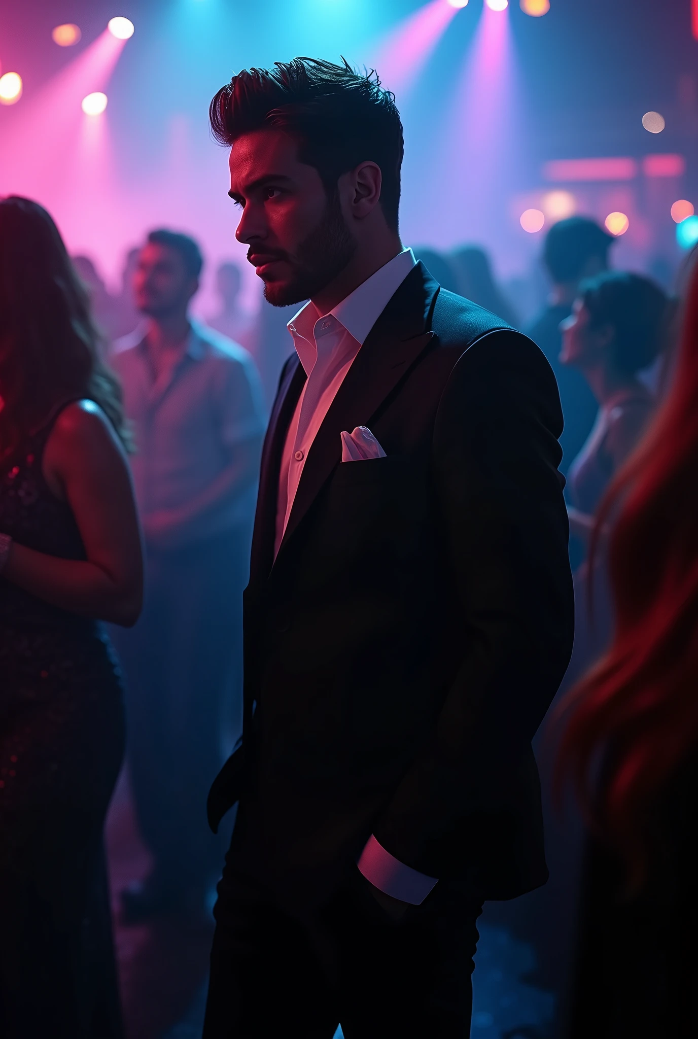 (Far distance camera angle),Very handsome man(elegant,fullbody) is walking at the crowded clubs watching some one(hits by laser lightings), perfect lightings, smokey rooms, so many man and girls dancing and loughting, depth of field, first-person view, f/1.8, 135mm, Nikon, UHD, retina, masterpiece, ccurate, anatomically correct, textured skin, super detail, high details, high quality, best quality, highres, 1080P, HD, 4K, 8k