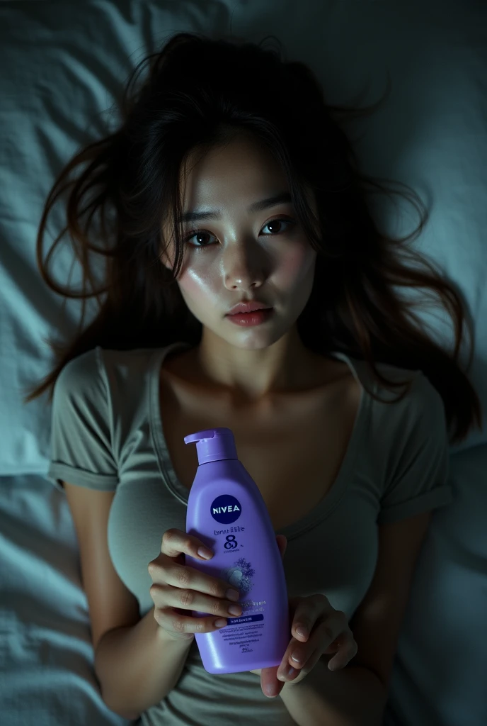 Best quality,masutepie,超High resolution,(Real photo:1.4),Raw photo,(Real skin texture:1.3),(Film grain:1.3),panorama,Character portrait,Photo very wide,Narrow waist,Cowboy scene, (In the dark, dark, low light, cold light,) Night,(()),Teardrops,,Dust,Tindall effect,(expressive), 1girl in,Nice detailed eyes and face,White Jabot,Black eyes,((tight-fitting T-shirt:1.3)) ((In bedroom:1.4)) ((Brown hair:1.2)) ((Lying down :1.3)) ((Long hair)) ((Half Vietnamese and half Chinese:1.3)) ( (holding a bottle of purple Nivia body lotion with the number 8:1.4))
