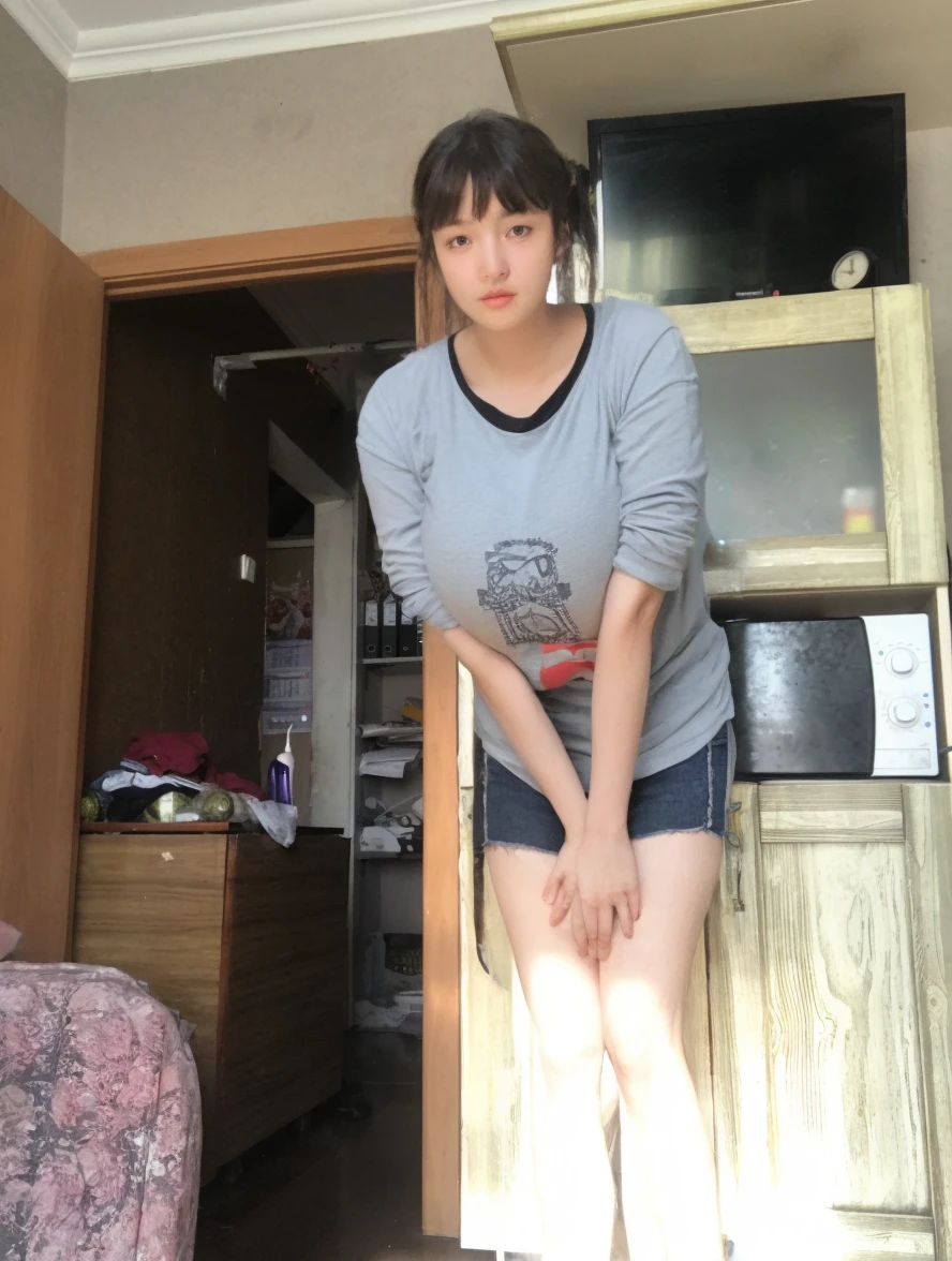 １９Year old woman, Being smacked on the ass harshly by his father, midnight, in a house, shout, midnight, ​masterpiece, Realistic, Korea person, Well-formed look, hightquality, Clean clothes, slender body, A woman is rolled up her skirt by her father