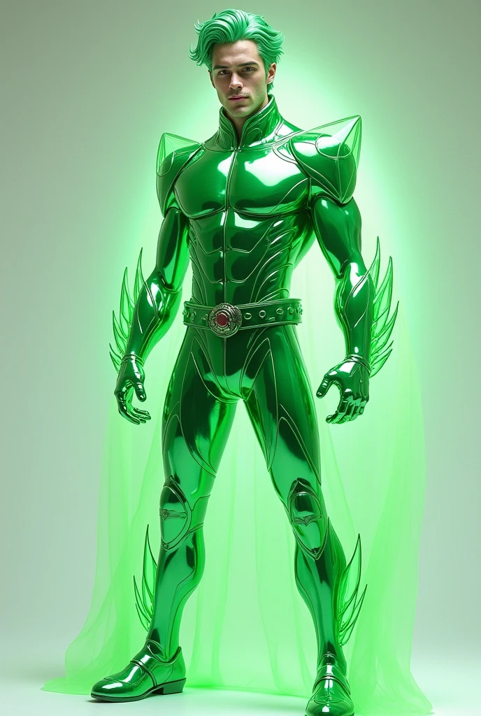 full full body photorealistic handsome hunky fractal masculine Teen titans light green haired geomancer.. wearing green quartz transparent crystal chrome glass super suit , with belt and gloves..look at camera, detailed face parts,, studio as background, Freestyle Pose, Happy Expression, perfect anatomy, symmetric body,, 1,  :: high detail, a lean athletic body, realistic, human skin, extremely detailed fingers,