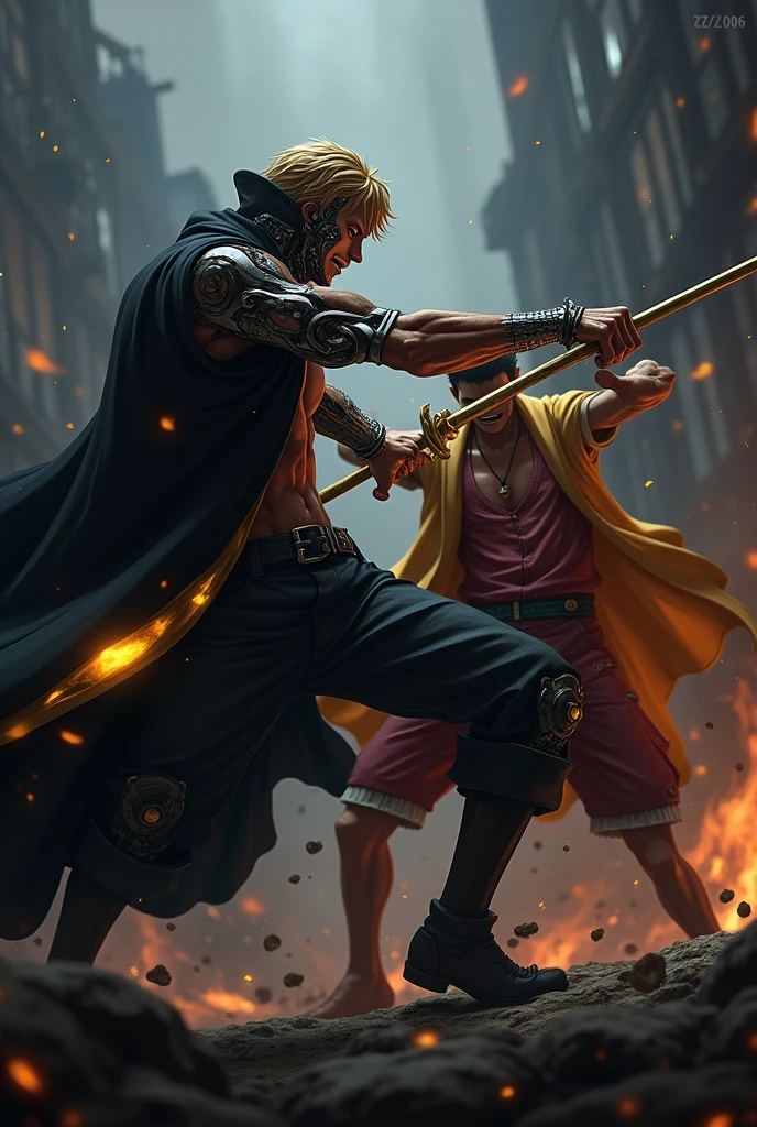 Sanji in one piece movie, half robot appearance, has a black cloak with golden glowing sides. Digital Arts. smoking Fight against zoro one piece