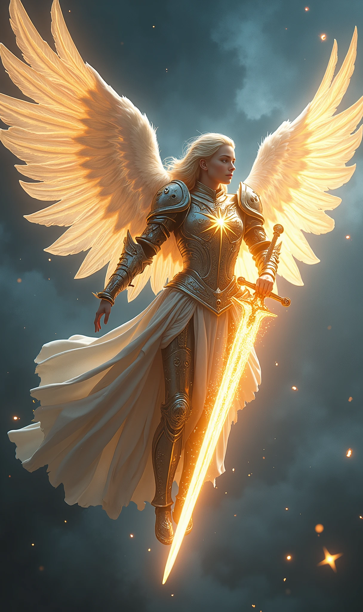 Create an intricate and powerful image for the "Knight of Lights" card in the Lumen Angelis deck, inspired by the Knight of Swords from the Rider-Waite tarot, but transformed into a celestial warrior of light. This image should capture the essence of swift action, decisiveness, and unstoppable energy, all while maintaining a divine, angelic presence that aligns with the overall theme of the deck. At the center of the scene is a commanding angelic figure, the Knight of Lights, depicted in mid-flight. The knight's body is poised in a dynamic, forward-leaning stance, exuding a sense of urgency and determination. His wings are expansive and magnificent, made of pure, radiant light, with feathers that shimmer and pulse as they cut through the air. The wings are slightly blurred at the tips, conveying a sense of rapid movement, as if the knight is charging ahead at great speed. The Knight’s armor is a breathtaking blend of celestial design and practicality, crafted from a material that appears to be forged from the very essence of starlight. The armor glows with a bright, metallic sheen, with intricate patterns of constellations and cosmic symbols etched into its surface. The breastplate features a prominent emblem of a blazing star, symbolizing the knight's role as a beacon of clarity and truth. Each piece of armor fits the knight perfectly, allowing for both protection and agility, and is accentuated by a flowing cape of light that trails behind him, adding to the sense of speed and motion. In the knight’s right hand, he wields a long, gleaming sword of pure light, much like the one held by the Page of Lights, but larger and more formidable. The blade is sharp and straight, glowing with an intense, white-hot light that radiates power and authority. The sword’s hilt is adorned with celestial engravings, and it pulses with a rhythmic energy that syncs with the knight's heartbeat, symbolizing the deep connection between the warrior and his divine mission. The knight's