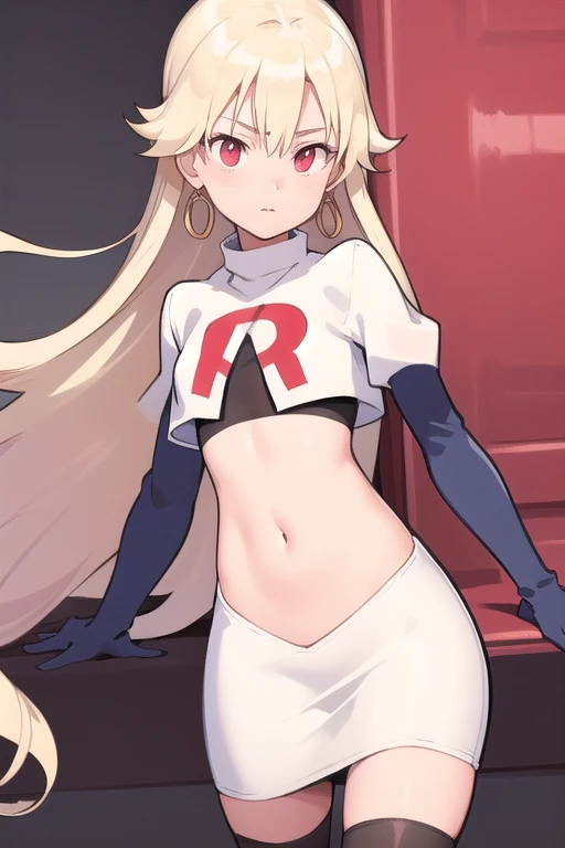 best quality, (masterpiece:1.2), illustration, absurdres,
(1girl, solo), (beautiful detailed girl), (cowboy shot),,
Roselia Millstein, blond hair, very long hair, red eyes, flat chest,
earrings, team rocket,team rocket uniform,white skirt,red letter R,crop top,black thigh-highs,black elbow gloves,
