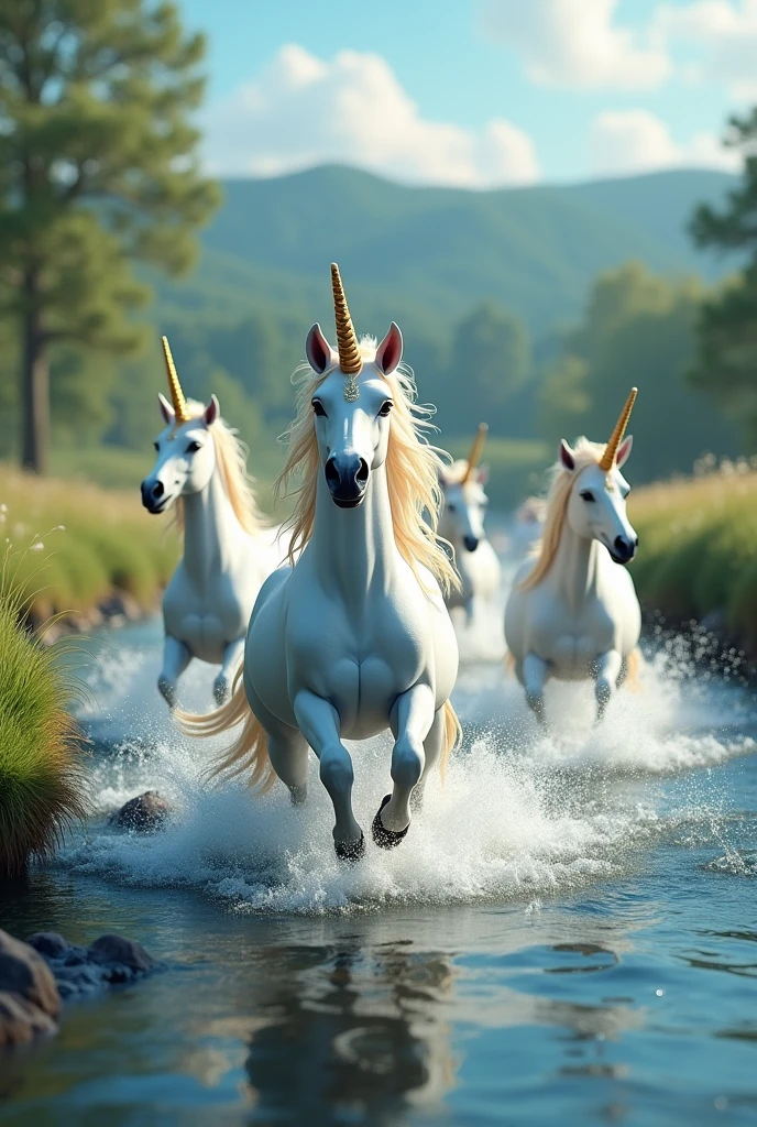 Unicorns in pony version next to a river galloping