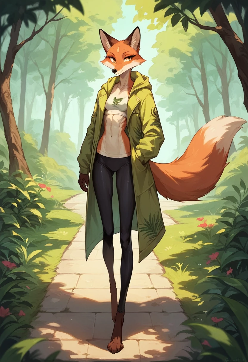 Furry,female fox,(((slender body))),god,full length,athletic body,Fox,Beautiful coat,wearing a sports hoodie,in tight leggings,standing against the backdrop of a beautiful lush park,went for a run,cartoon fox print sweatshirt, hoodie griz, pantalones negros, zapatillas rojas