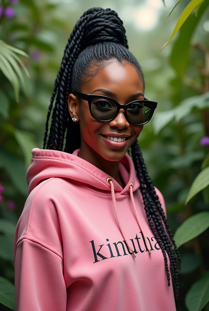 (photorealism:1.2), beautiful black African woman,22 years,sharp boobs, smiling,wearing a fitting pink hoodie written "Kinuthia",long braids, black  oversized photo chromatic glasses, standing , realistic intricate details,plants in background.Cardi B inspiration 