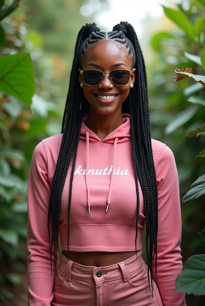 (photorealism:1.2), beautiful black African woman,22 years,sharp boobs, smiling,wearing a fitting pink hoodie written "Kinuthia",long braids, black oversized photo chromatic glasses, standing , realistic intricate details,plants in background.Cardi B inspiration