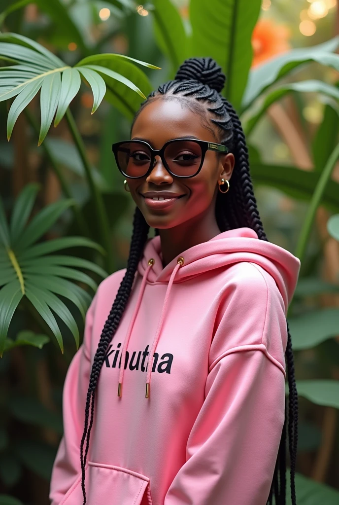 (photorealism:1.2), beautiful black African woman,22 years,sharp , smiling,wearing a fitting pink hoodie written "Kinuthia",long braids, black oversized photo chromatic glasses, standing , realistic intricate details,plants in background.Cardi B inspiration