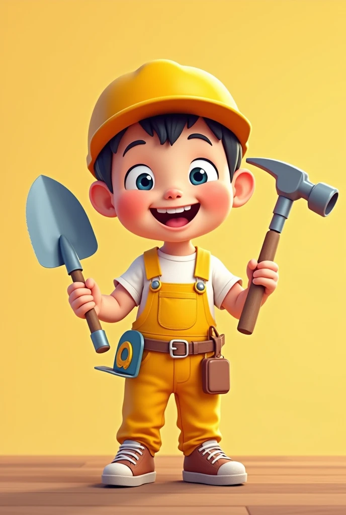 I want a picture of a child drawn in cartoon style. The child must wear yellow overalls and a cap of the same color.. In one hand you should hold a shovel and in the other a hammer., In addition to having a saw or screwdriver and a tape measure attached to your belt. The child must be smiling, and it must be standing on a wooden floor I want the background to be a single color.