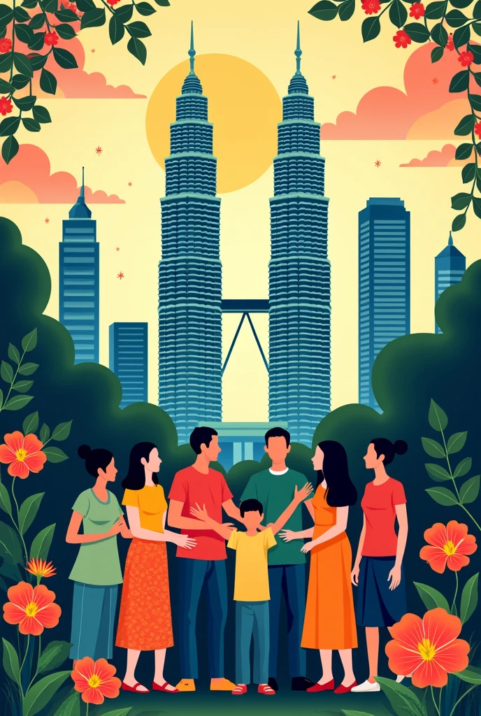 Poster promoting Malaysia with KLCC , different races , hibiscus Malaysia flag 

