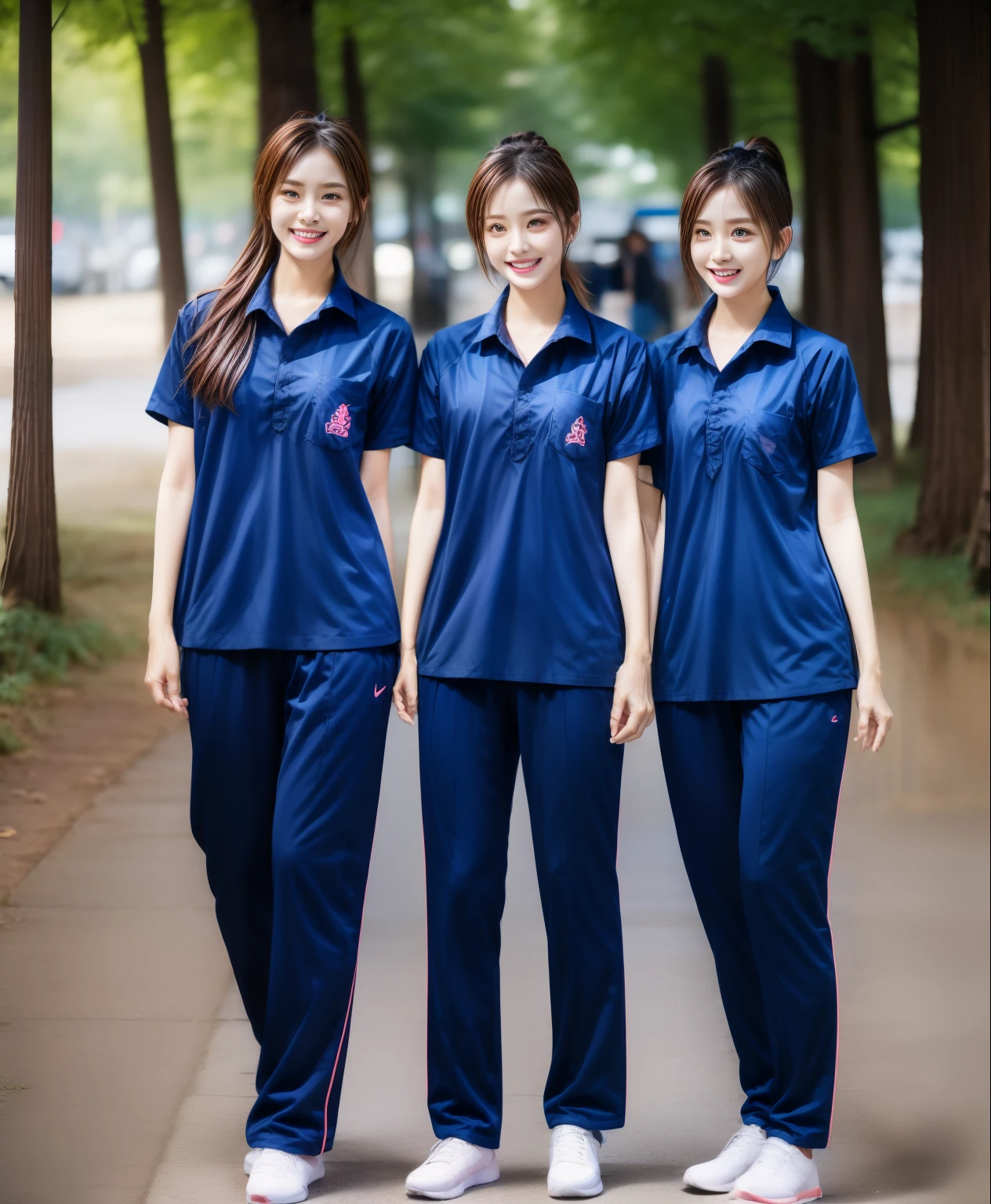 3 girls หยอกล้อกัน, Navy blue short-sleeved shirt,Navy Long Trackpant,Sweatpants, Sweatpantsขายาว,25 year old girl, lesbian, sexy, exercise clothes, wet body, exercise clothes