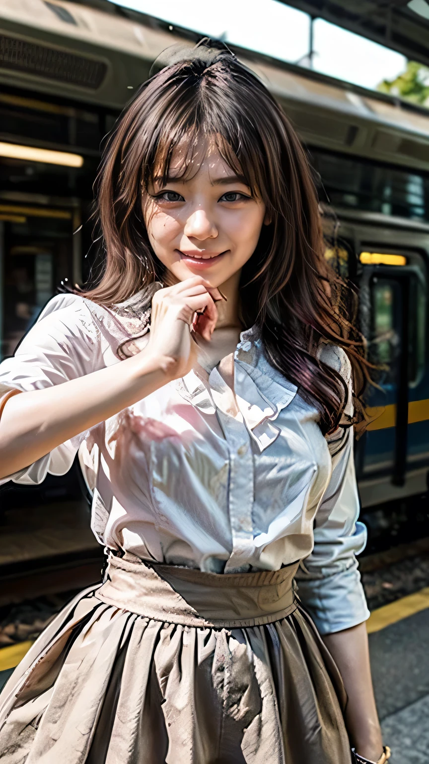 (A big smile、Squint your eyes and laugh)、(Realistic、Like a photograph、Live Action、8k, Realistic, RAW Photos, Best image quality: 1.4), Single-lens reflex camera、RAW Photos, Highest quality, Realistic, Highly detailed CG Unity 8k wallpaper, Written boundary depth, Cinematic Light, Lens flare, Ray Tracing, Realistic background、A landmine girl waiting for someone、((Wearing a white blouse:1.4)、((wear a frilly skirt:1.1)、Small breasts))、((Ultra-Dense Skin))、 1 person、standing front of train station, Waiting for someone while looking at a smartphone、The whole body is visible:1.5、(Long hair with pink inner color:1.2、My hair is blowing in the wind)、stylish ambiance、The perfect outfit、(White skin)、Precise and beautiful legs:1.1、View from below、Highly detailed face、Anatomically correct body、Accurate fingering