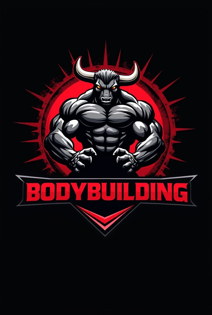 Design a powerful and dynamic logo for a bodybuilding brand featuring a strong, muscular bull as the central figure, symbolizing strength, power, and determination. The bull should have well-defined muscles, with a stance that conveys energy and dominance, embodying the essence of bodybuilding. Use sharp, angular lines to emphasize the bull's muscular build and add a sense of intensity. Incorporate bold, dark tones like black, deep red, or metallic gray to create a fierce and commanding presence. The logo should include the word 'BODYBUILDING' in a bold, modern font that complements the aggressive and energetic vibe of the design.