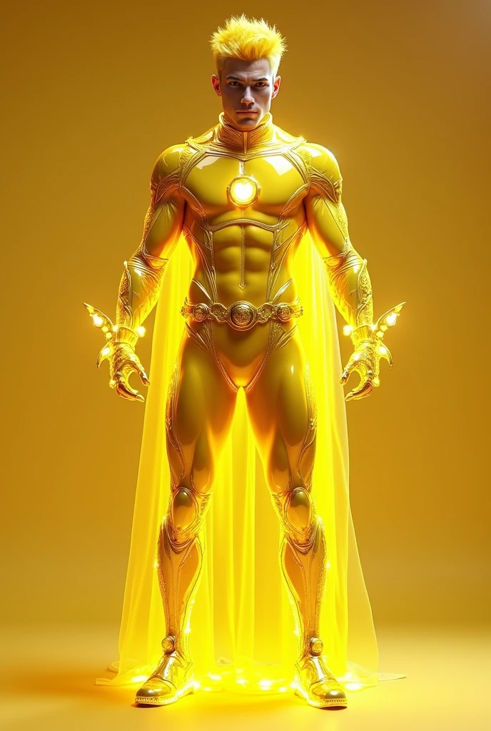 full full body photorealistic handsome hunky fractal masculine Teen titans yellow haired electric boy.. wearing yellow citrine transparent crystal chrome glass super suit , look at camera, detailed face parts,, studio as background, Freestyle Pose, Happy Expression, perfect anatomy, symmetric body,, 18 years old, :: high detail, a lean athletic body, realistic, human skin, extremely detailed fingers, chad chin,, masculine, human skin, (eyes contact), gorgeous, Attractive. super bulges in action